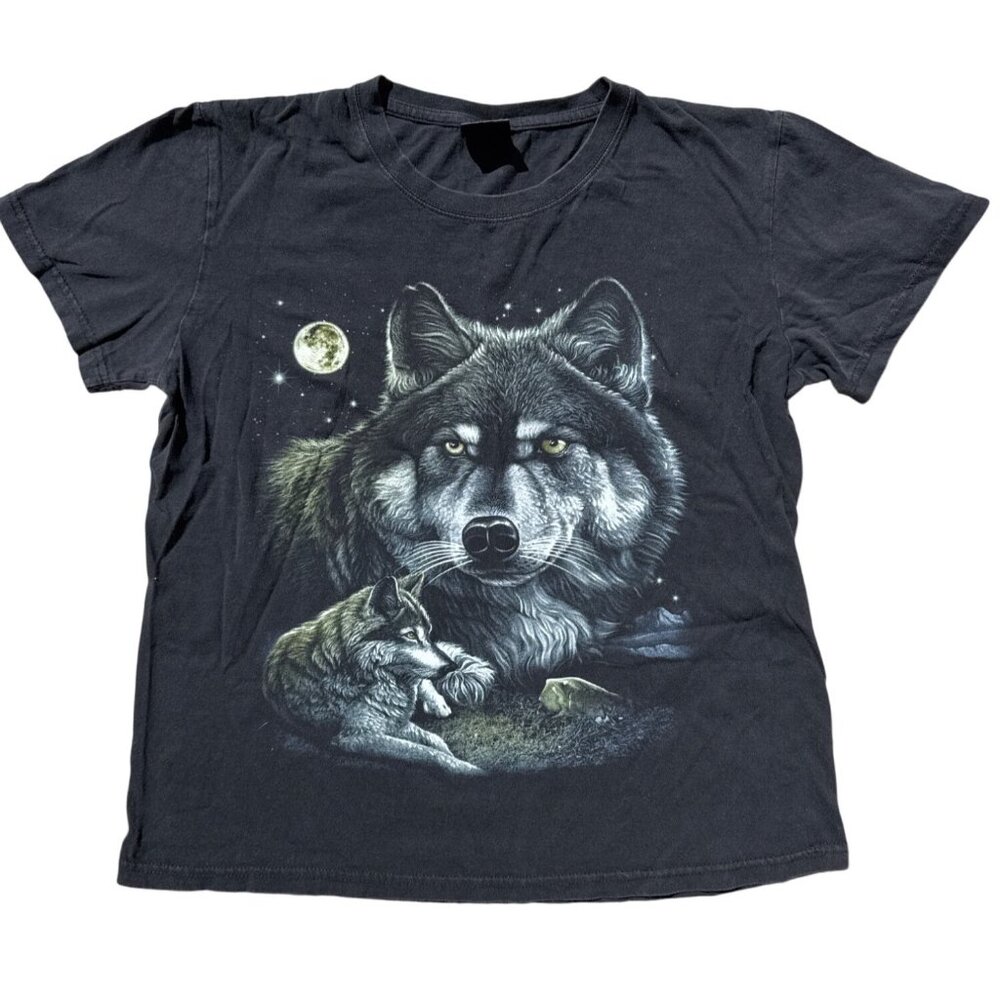 Wolf Graphic Black T-Shirt By The Mountain Mens L 100% Cotton Short Sleeve Casua